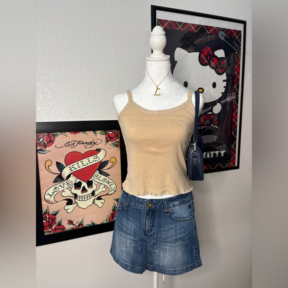 Betty Blue Tan Ribbed Tank Top Y2K Spaghetti Strap Coquette Neutral Basics